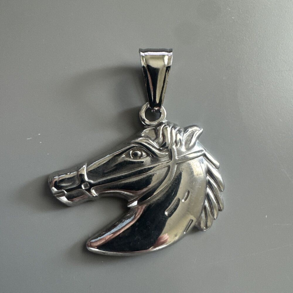 Horse Head Silver Plated Stainless Steel Pendant 24 Inch Chain Men’s Racing Gift